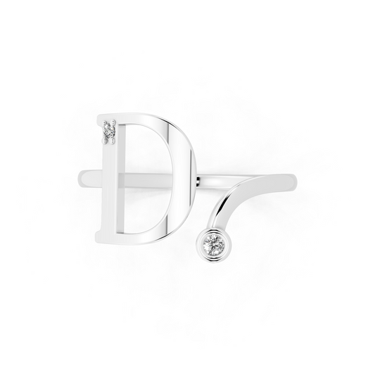 Premium White Gold Tone D Initial Open Ring with Refined White Stone Accents