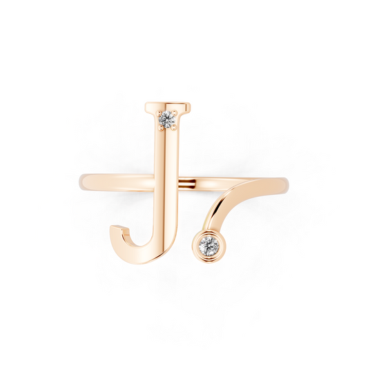 Rose Gold Initial J Diamond Ring - Modern Bypass Monogram Fine Jewelry