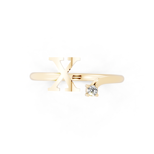 Yellow Gold Tone Initial X Open Ring - Elegant White Stone Monogram Design