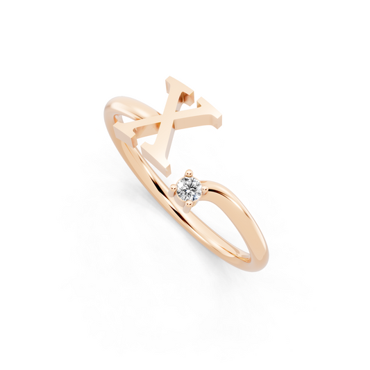 Rose Gold Tone Initial X Open Ring - Elegant White Stone Monogram Design