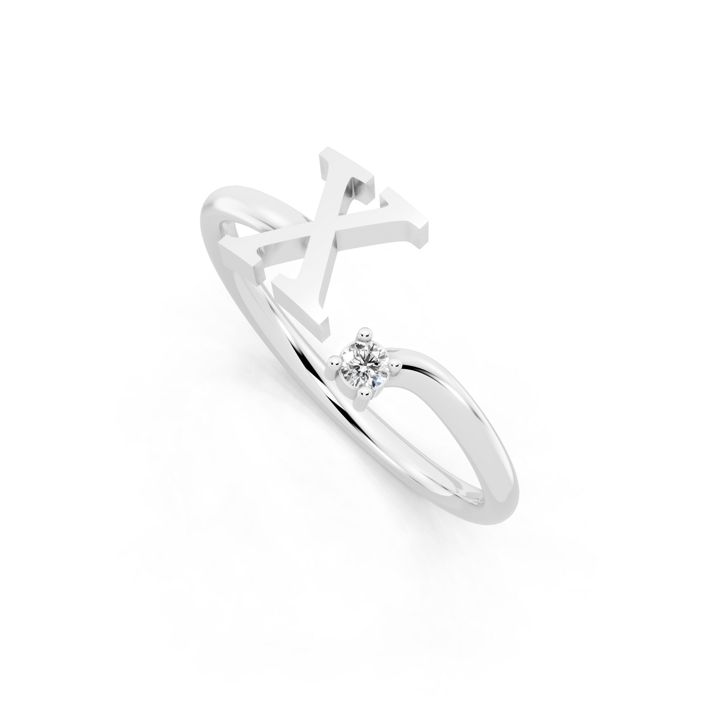 White Gold Tone Initial X Open Ring - Elegant White Stone Monogram Design
