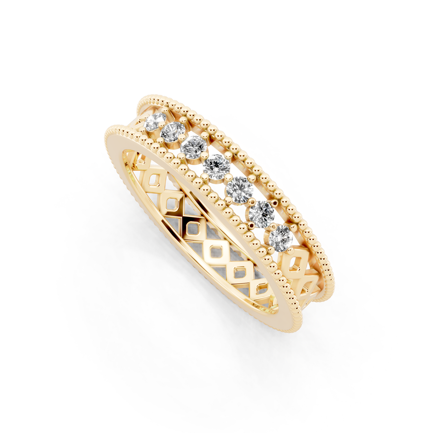 Rose Gold Navette Diamond Band Ring - Beaded Openwork Everyday Luxury Style