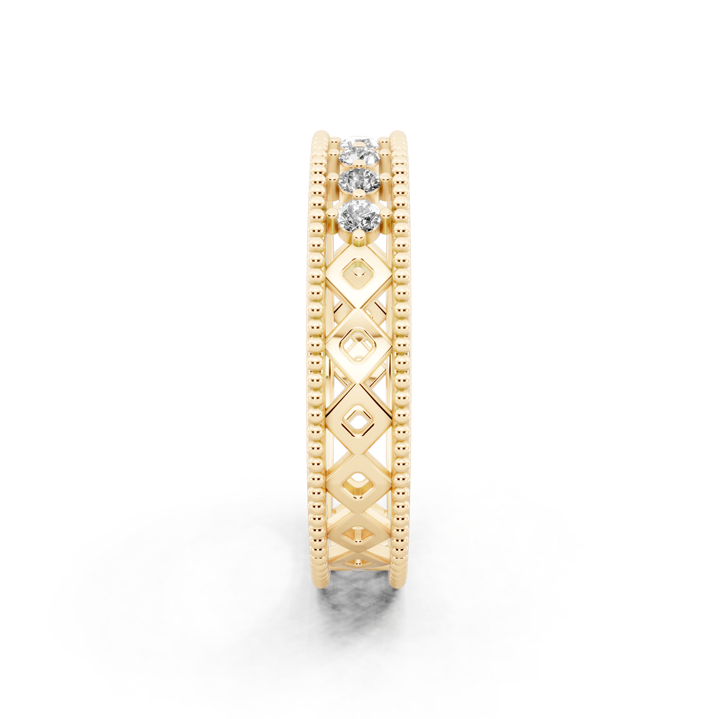 Rose Gold Navette Diamond Band Ring - Beaded Openwork Everyday Luxury Style