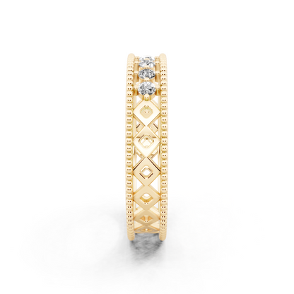 Rose Gold Navette Diamond Band Ring - Beaded Openwork Everyday Luxury Style