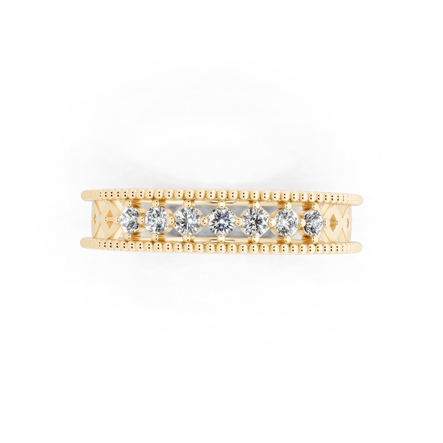 Rose Gold Navette Diamond Band Ring - Beaded Openwork Everyday Luxury Style