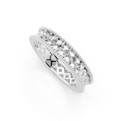 White Gold Navette Diamond Band Ring - Beaded Openwork Everyday Luxury Style