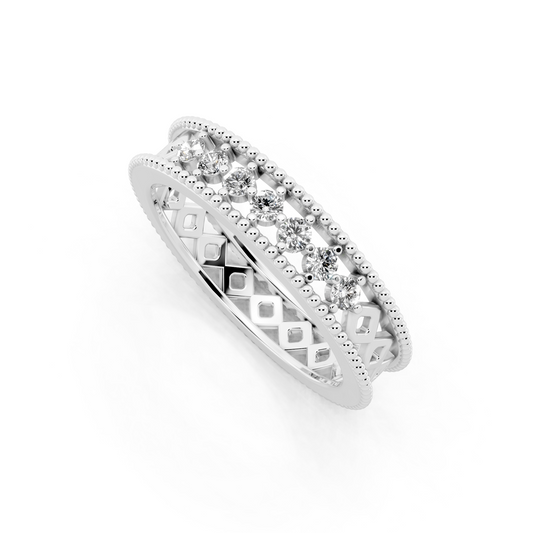 White Gold Navette Diamond Band Ring - Beaded Openwork Everyday Luxury Style