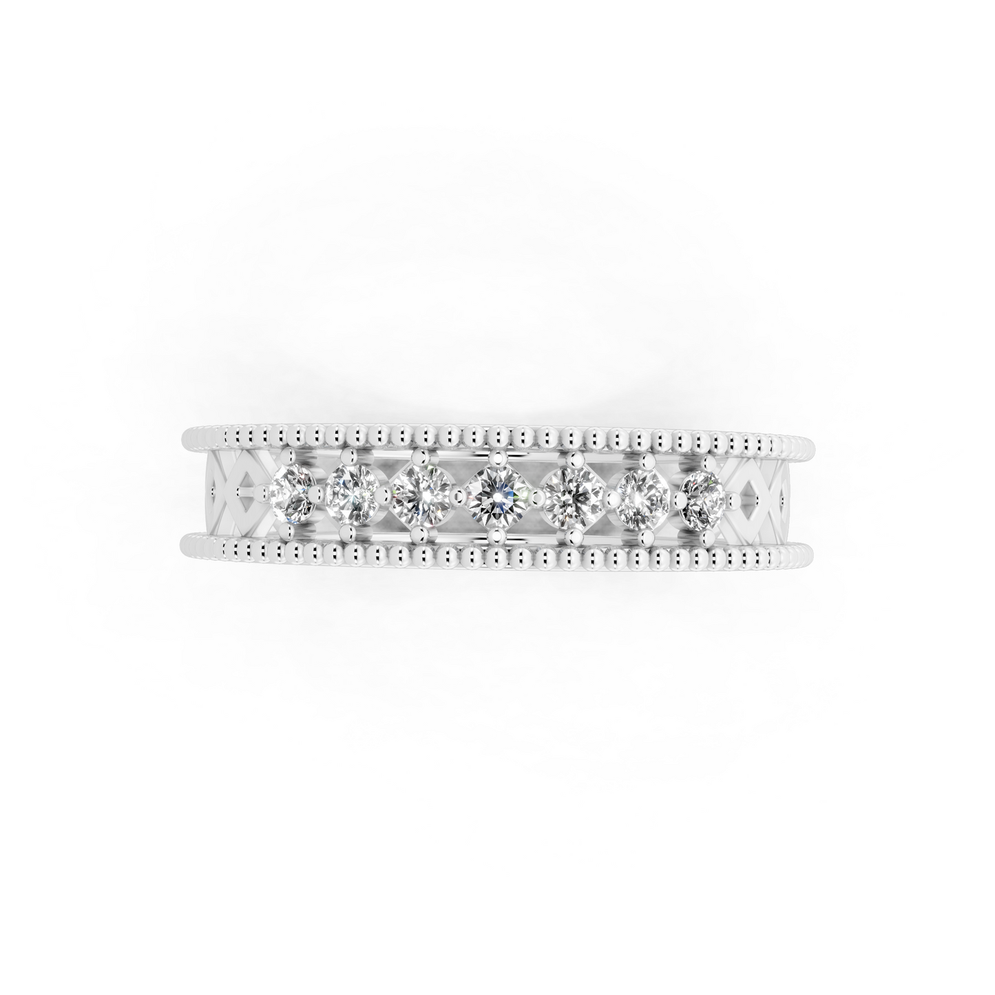 White Gold Navette Diamond Band Ring - Beaded Openwork Everyday Luxury Style