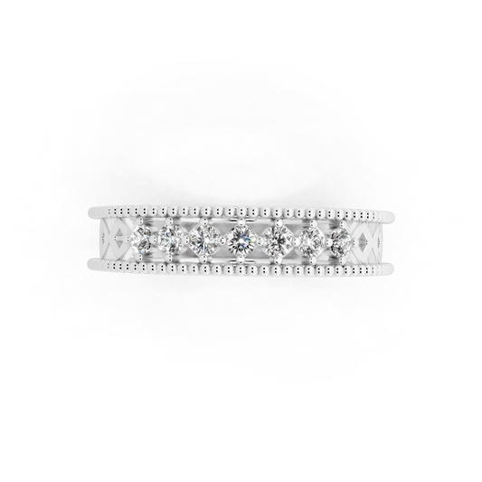 White Gold Navette Diamond Band Ring - Beaded Openwork Everyday Luxury Style