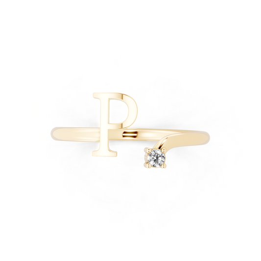 Modern Yellow Gold Tone Letter P Statement Ring with Refined White Stone Accent