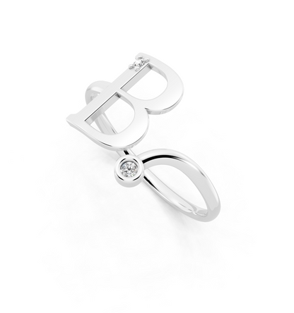 Bellara B Signature Ring in White Gold Tone with Dual White Stone Accents