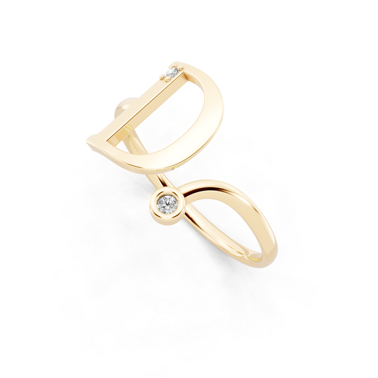 Premium Yellow Gold Tone D Initial Open Ring with Refined White Stone Accents