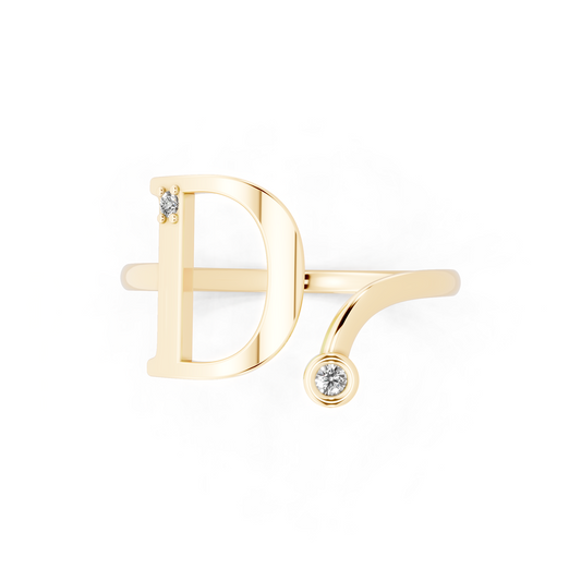 Premium Yellow Gold Tone D Initial Open Ring with Refined White Stone Accents