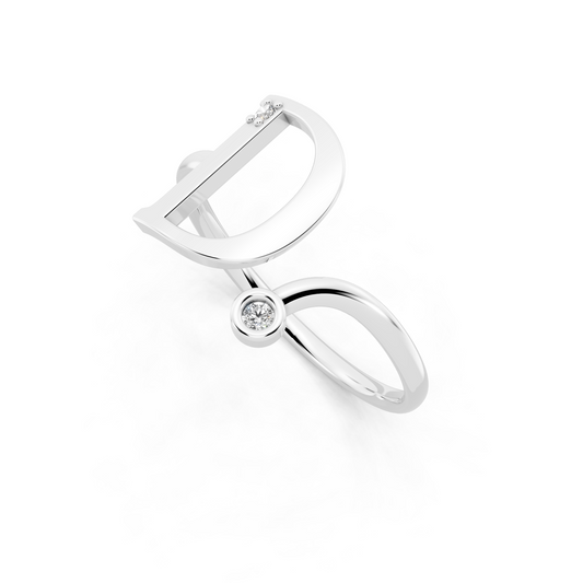 Premium White Gold Tone D Initial Open Ring with Refined White Stone Accents