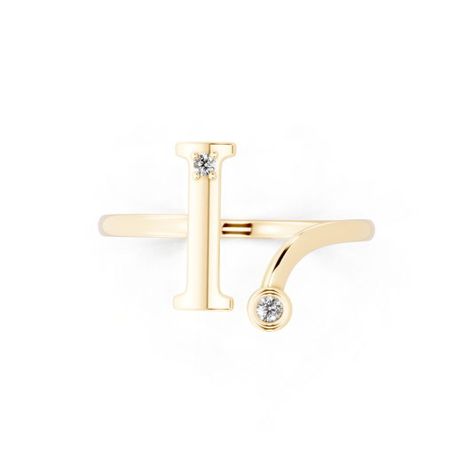 Elegant Yellow Gold Letter I Ring with Diamond Accents - Contemporary Luxury Style