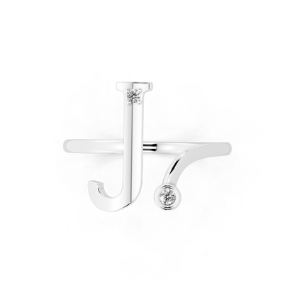White Gold Initial J Diamond Ring - Modern Bypass Monogram Fine Jewelry