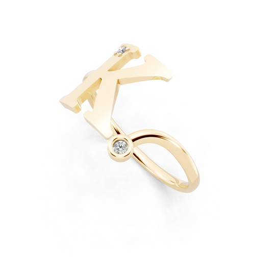 Yellow Gold K Initial Ring with Lab Grown Diamond Accents - Sculptural Monogram Statement Ring