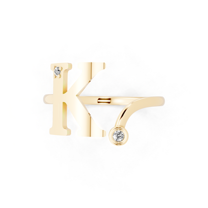 Yellow Gold K Initial Ring with Lab Grown Diamond Accents - Sculptural Monogram Statement Ring