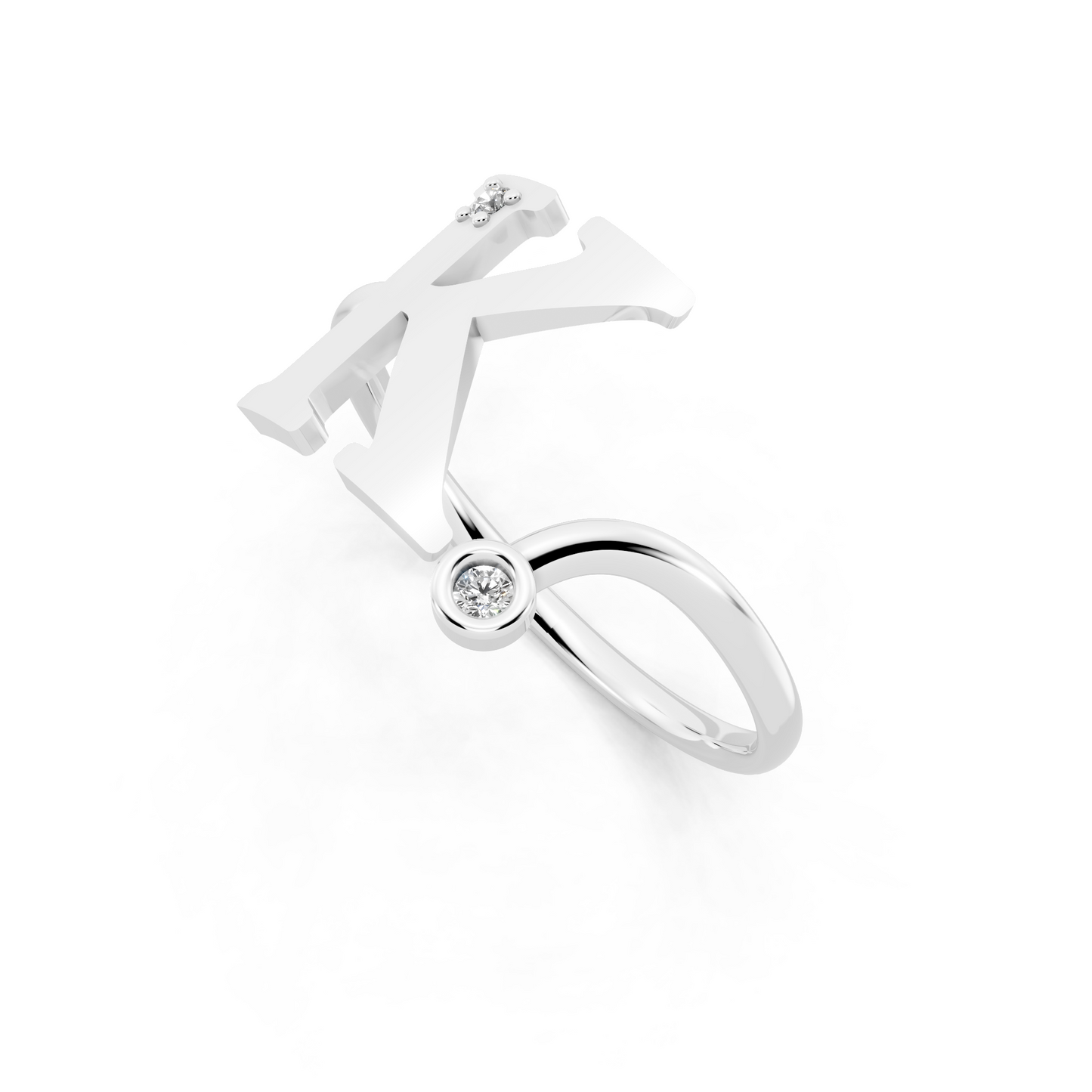 White Gold K Initial Ring with Lab Grown Diamond Accents - Sculptural Monogram Statement Ring