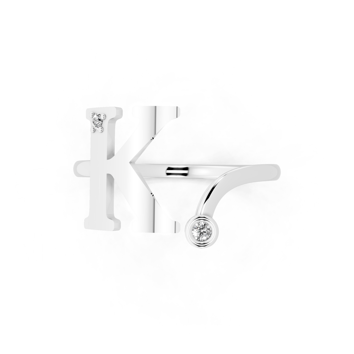 White Gold K Initial Ring with Lab Grown Diamond Accents - Sculptural Monogram Statement Ring