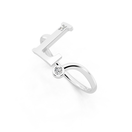 White Gold Letter L  Lab Grown Diamond Ring – Modern Initial Statement Ring with Bezel Accent