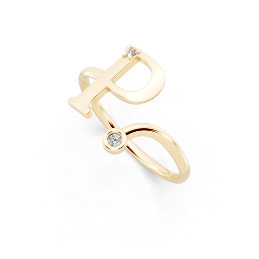 Yellow Gold Letterform Open Ring - Sculptural Diamond Accent Luxury