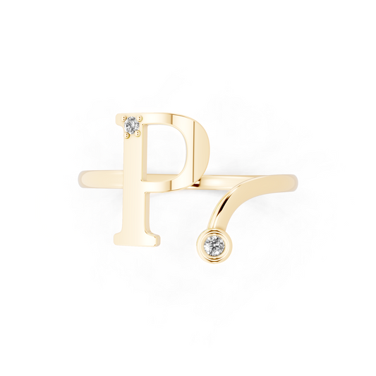 Yellow Gold Letterform Open Ring - Sculptural Diamond Accent Luxury