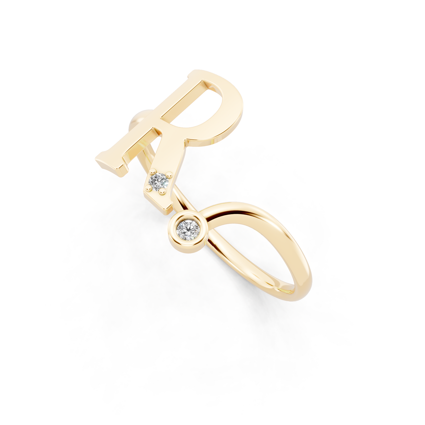 Yellow Gold R Initial Diamond Ring - Modern Monogram Open Band Luxury