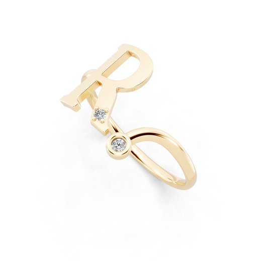 Yellow Gold R Initial Diamond Ring - Modern Monogram Open Band Luxury