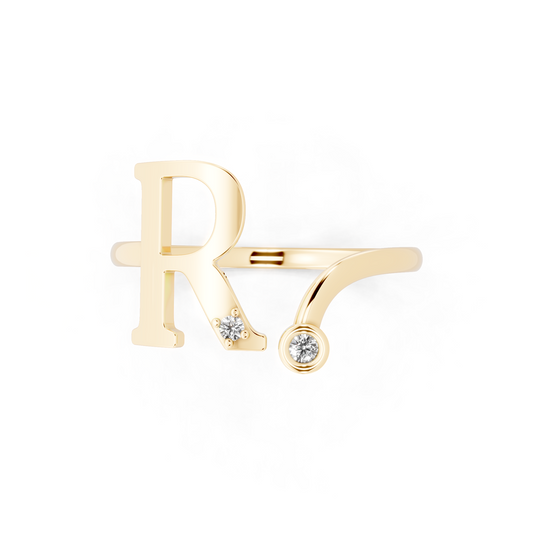 Yellow Gold R Initial Diamond Ring - Modern Monogram Open Band Luxury