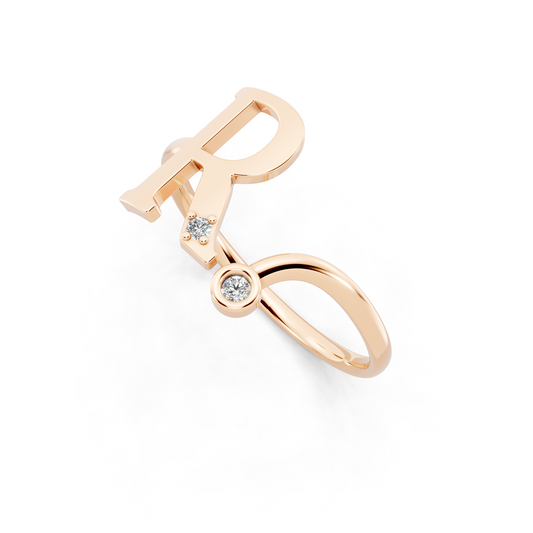 Rose Gold R Initial Diamond Ring - Modern Monogram Open Band Luxury