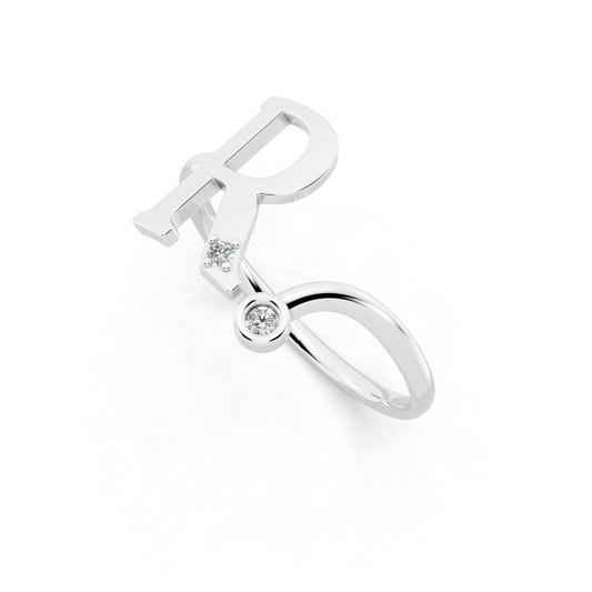White Gold R Initial Diamond Ring - Modern Monogram Open Band Luxury