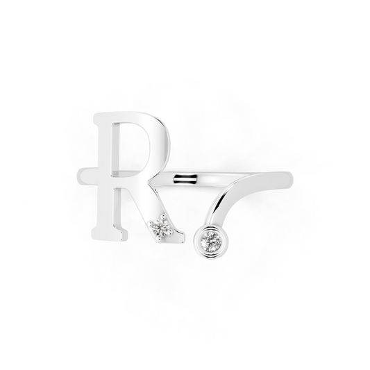 White Gold R Initial Diamond Ring - Modern Monogram Open Band Luxury