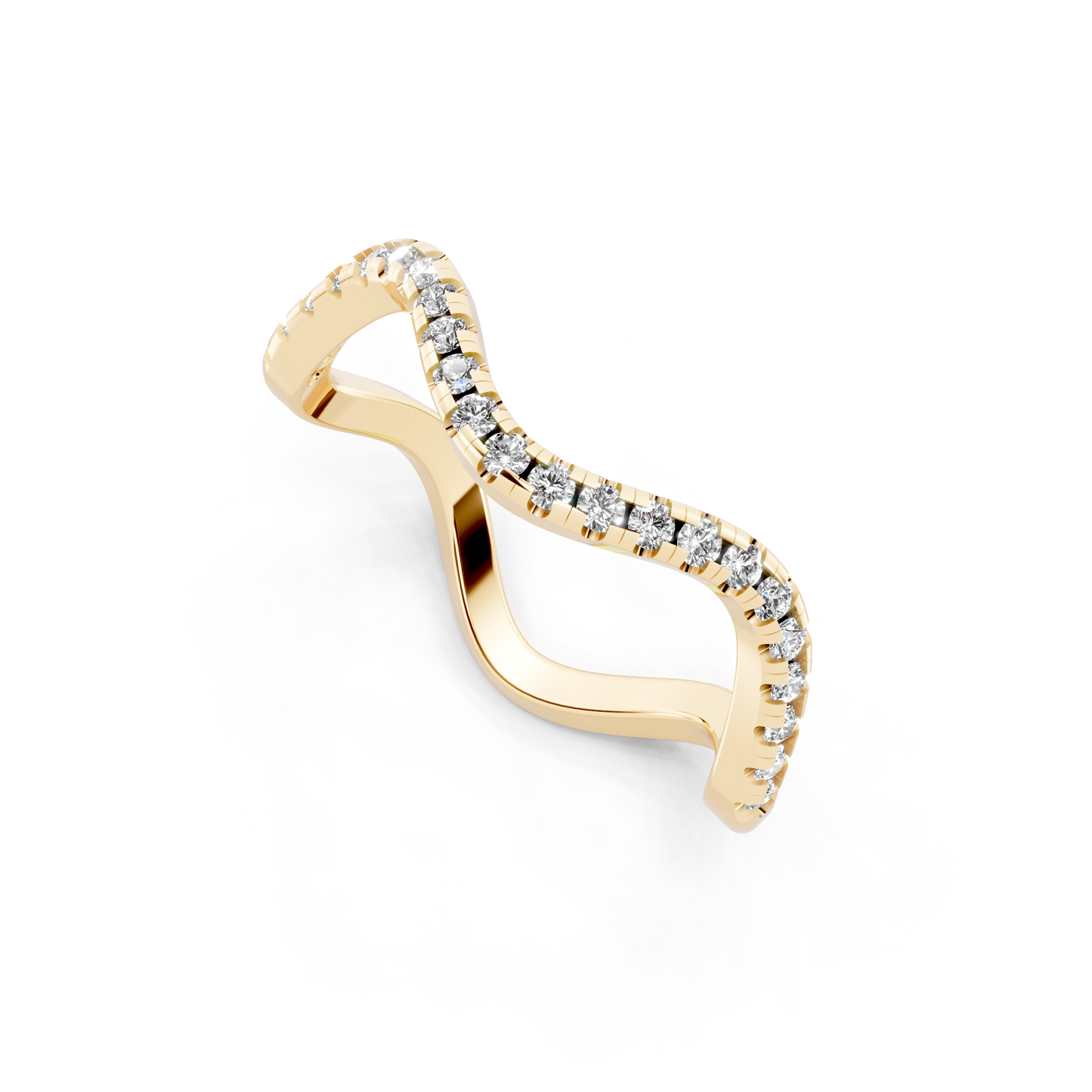 Yellow Gold Tone Wave Band Ring with White Stone Pave Curve