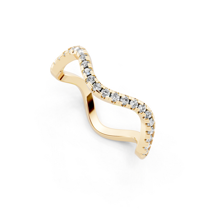 Yellow Gold Tone Wave Band Ring with White Stone Pave Curve