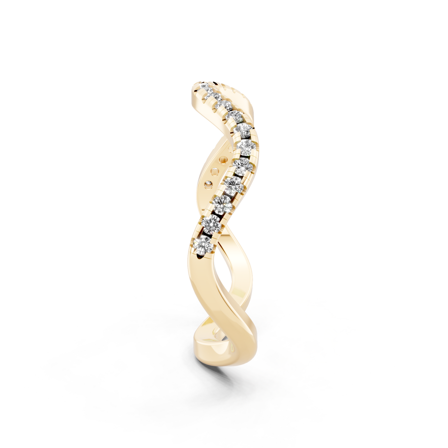 Yellow Gold Tone Wave Band Ring with White Stone Pave Curve