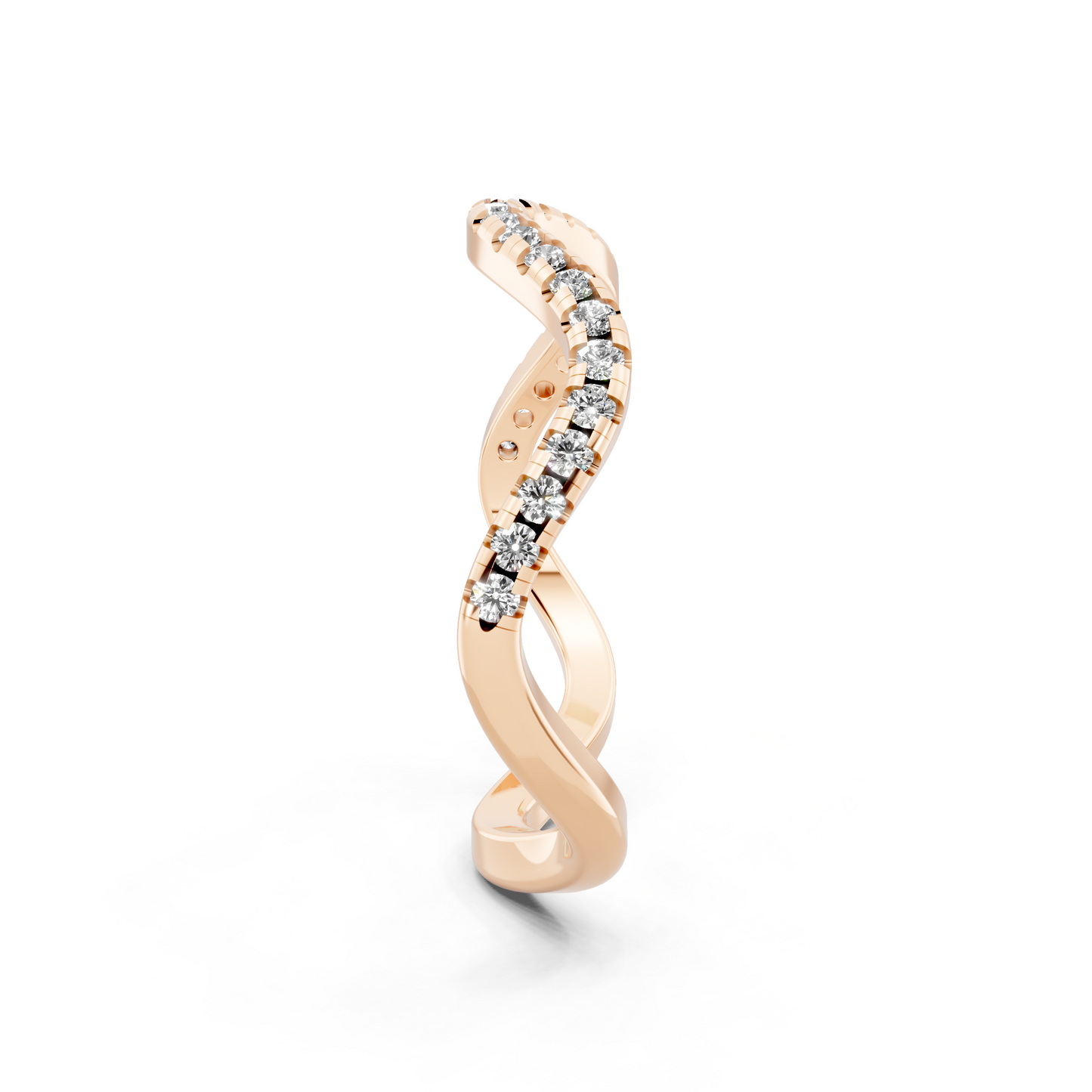 Rose  Gold Tone Wave Band Ring with White Stone Pave Curve