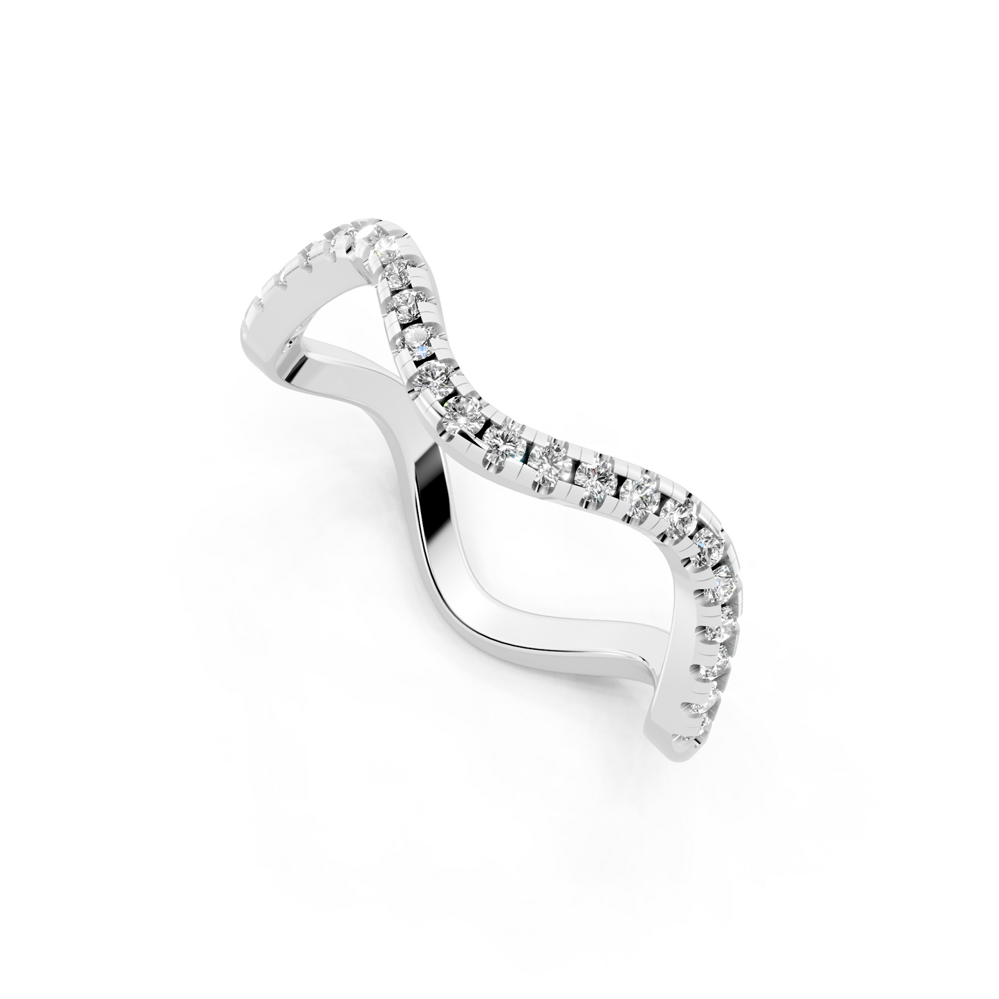 White Gold Tone Wave Band Ring with White Stone Pave Curve
