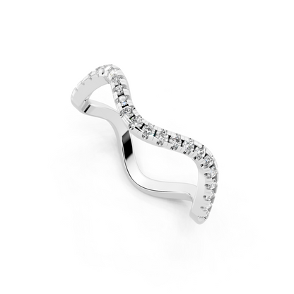 White Gold Tone Wave Band Ring with White Stone Pave Curve