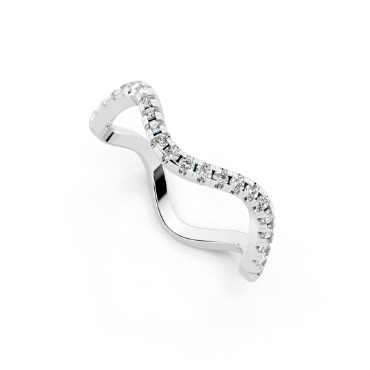 White Gold Tone Wave Band Ring with White Stone Pave Curve