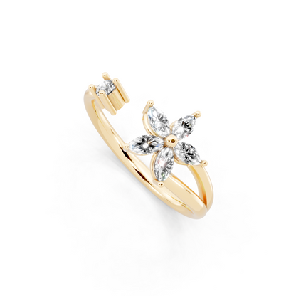 Romantic Yellow Gold Tone Open Bypass Ring with Floral White Sparkle Detail