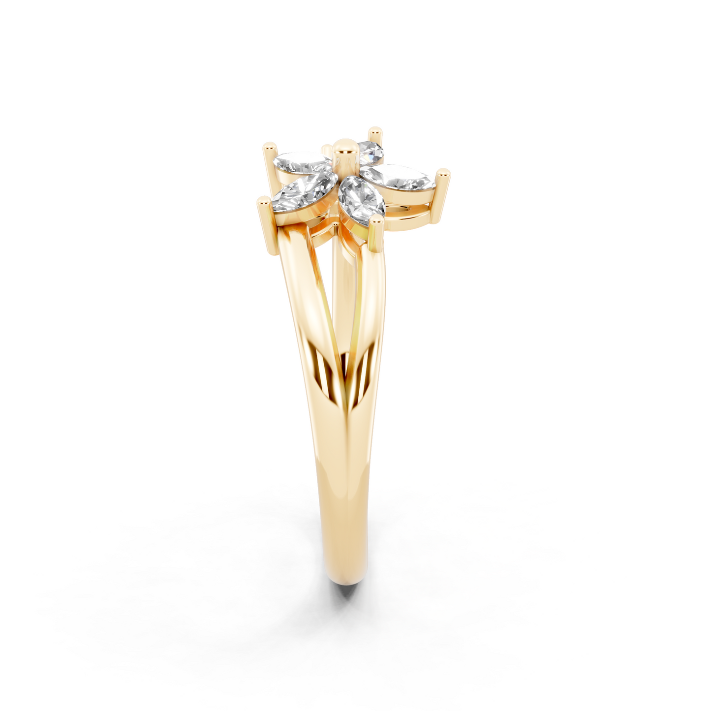 Romantic Yellow Gold Tone Open Bypass Ring with Floral White Sparkle Detail