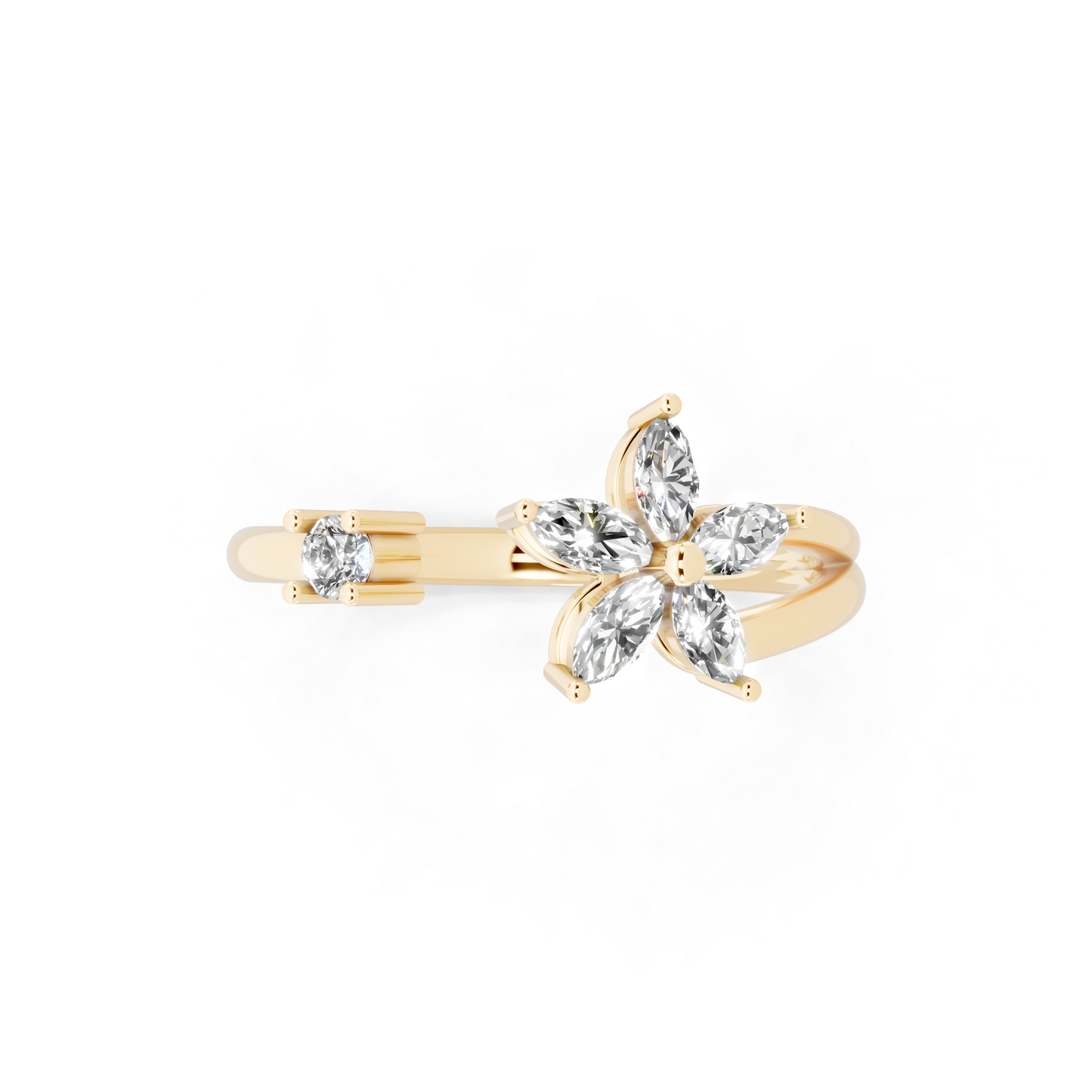 Romantic Yellow Gold Tone Open Bypass Ring with Floral White Sparkle Detail