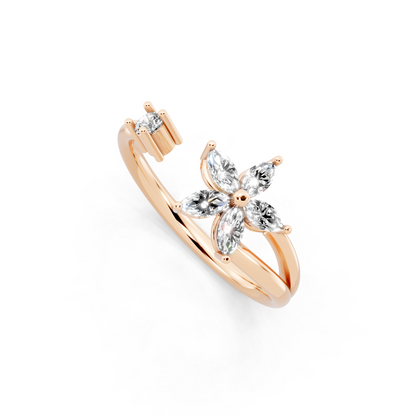 Romantic Rose Gold Tone Open Bypass Ring with Floral White Sparkle Detail