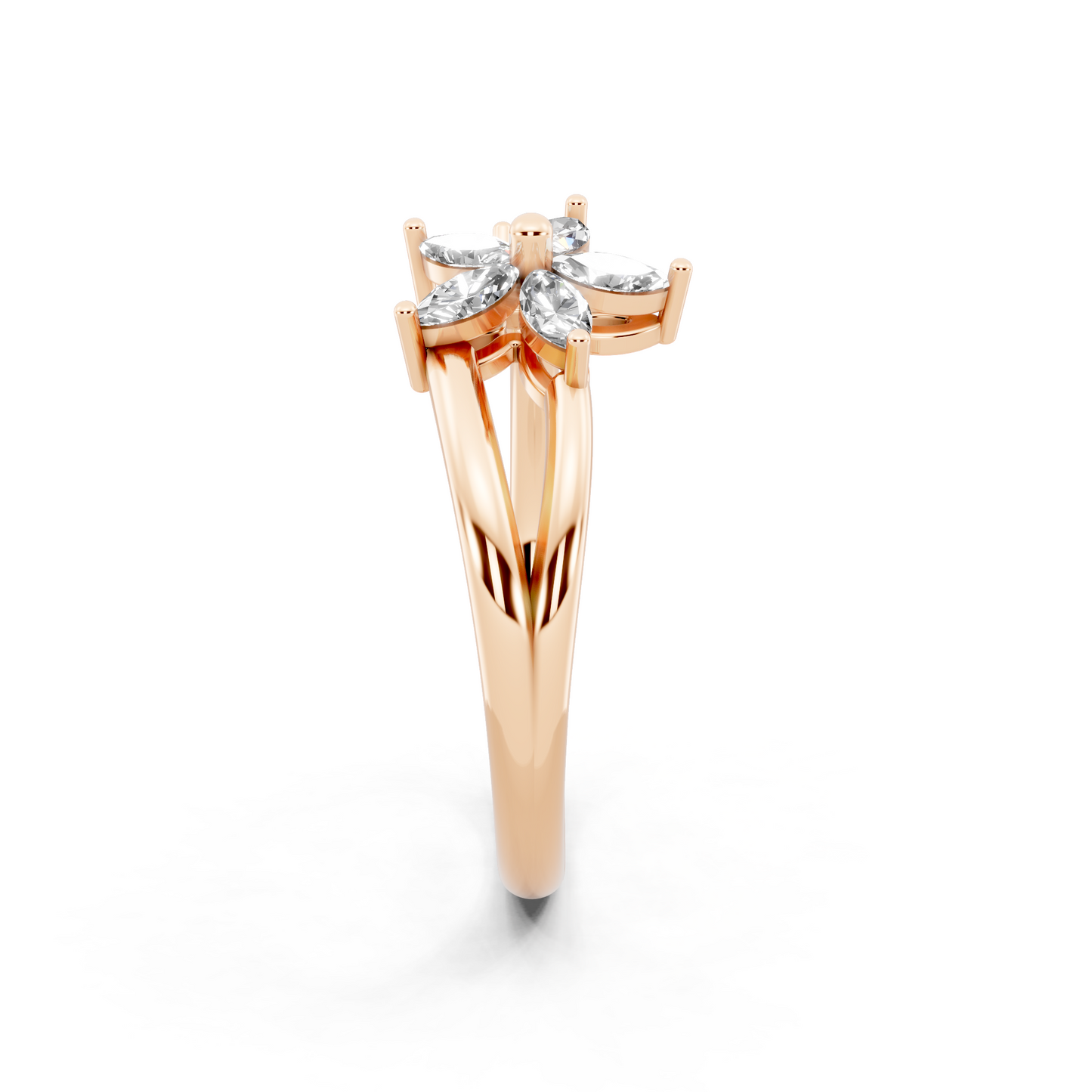 Romantic Rose Gold Tone Open Bypass Ring with Floral White Sparkle Detail