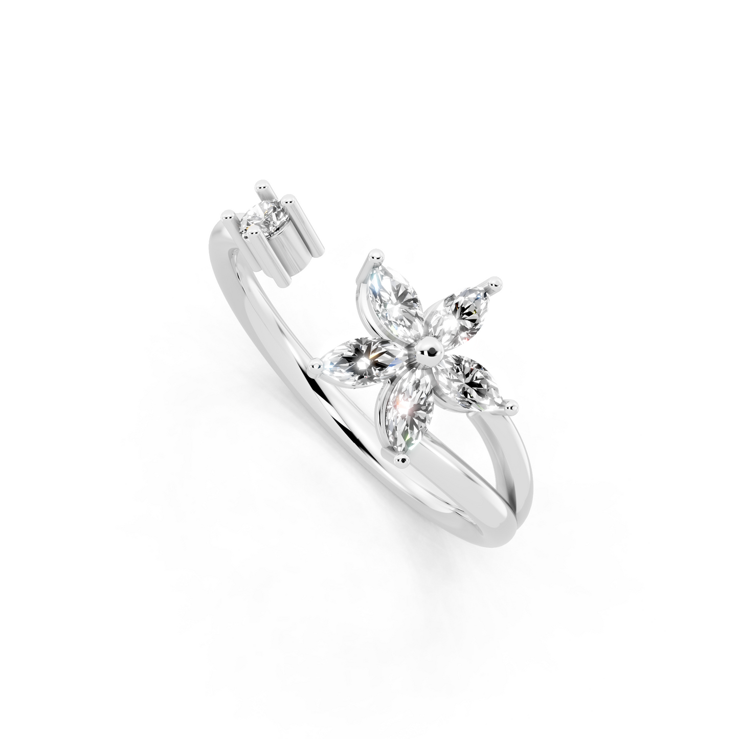 Romantic White Gold Tone Open Bypass Ring with Floral White Sparkle Detail