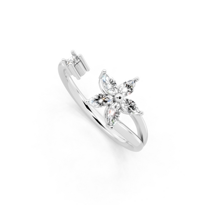 Romantic White Gold Tone Open Bypass Ring with Floral White Sparkle Detail