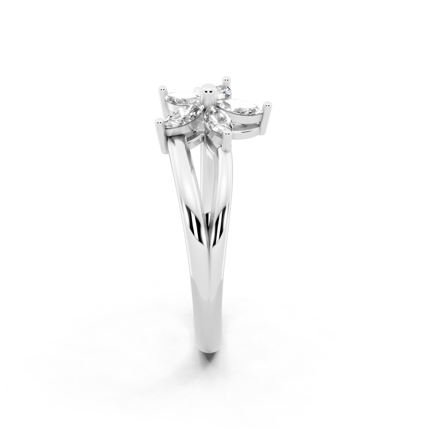 Romantic White Gold Tone Open Bypass Ring with Floral White Sparkle Detail