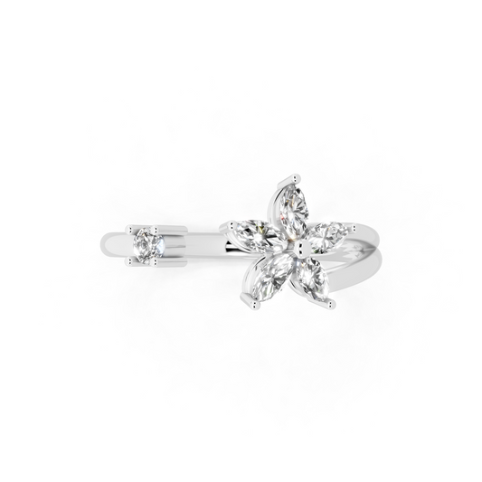 Romantic White Gold Tone Open Bypass Ring with Floral White Sparkle Detail