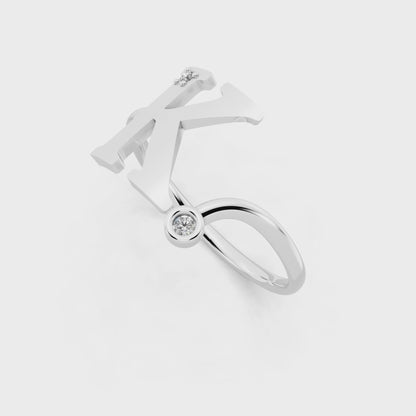 White Gold K Initial Ring with Lab Grown Diamond Accents - Sculptural Monogram Statement Ring